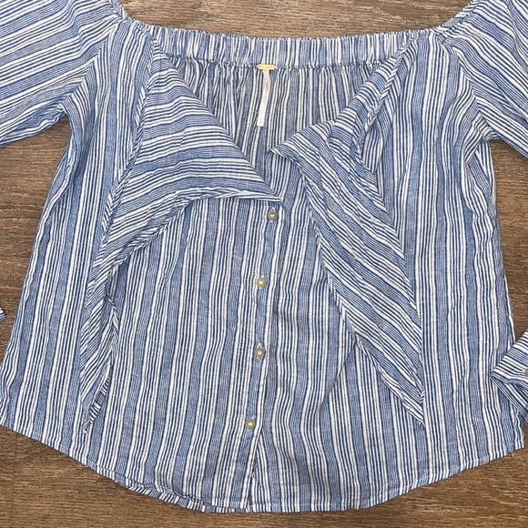 Free People Blue/White Striped Off-The-Shoulder Blouse Top - Picture 5 of 15